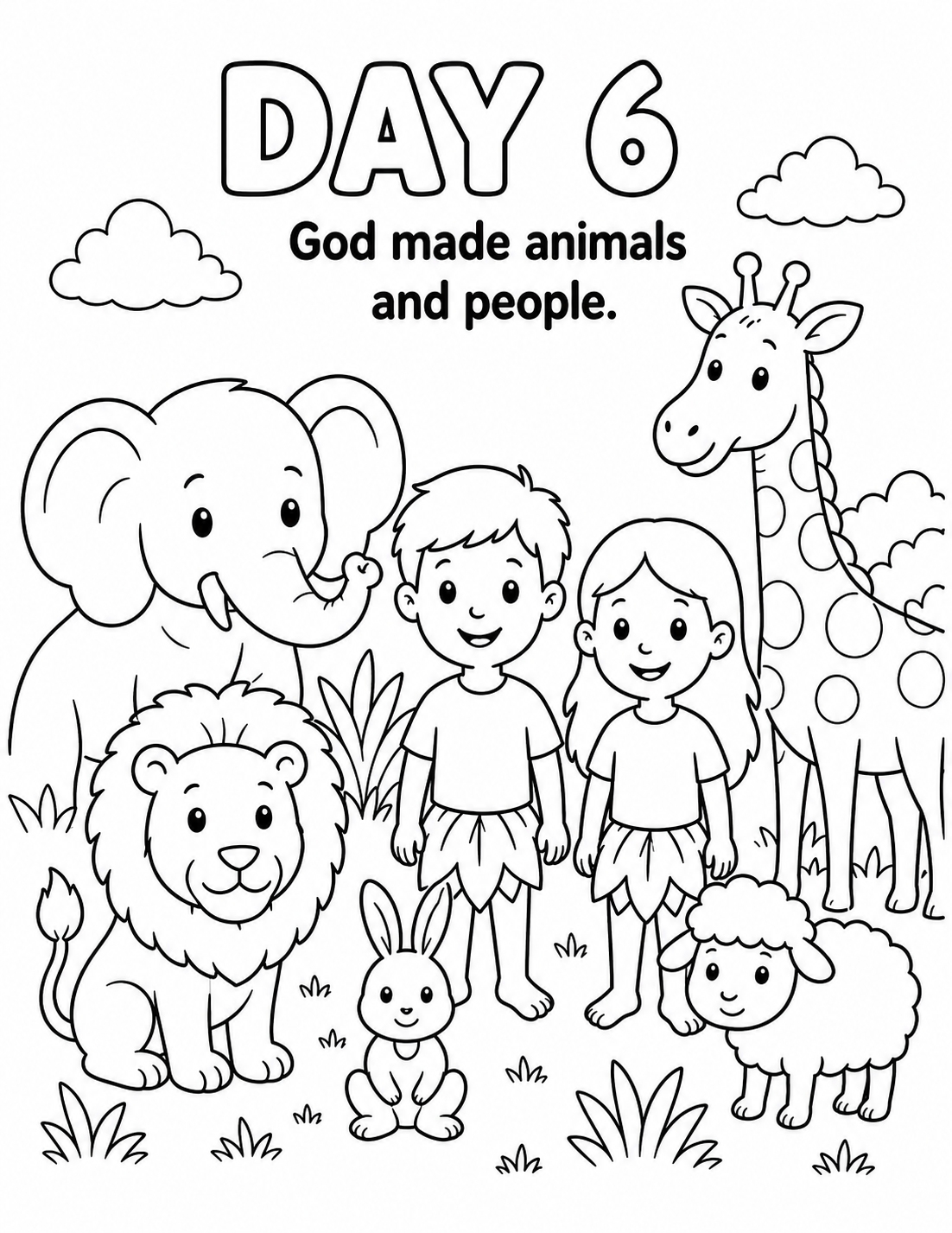 Day 6 Coloring Page — God Made Animals and People